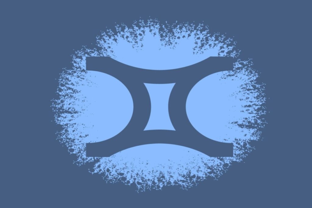 Ilustração do símbolo do signo de gêmeos em círculo azul-claro sobre fundo azul-escuro