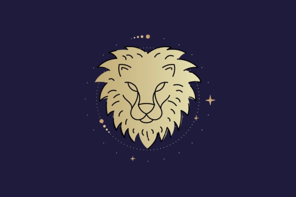 Ilustração dourada de cabeça de leão representando o signo de leão sobre fundo azul-escuro