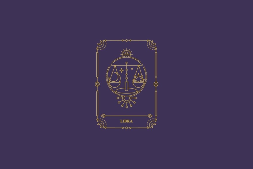 Ilustração do signo de libra em dourado com detalhes na mesma cor ao redor. Fundo roxo-escuro