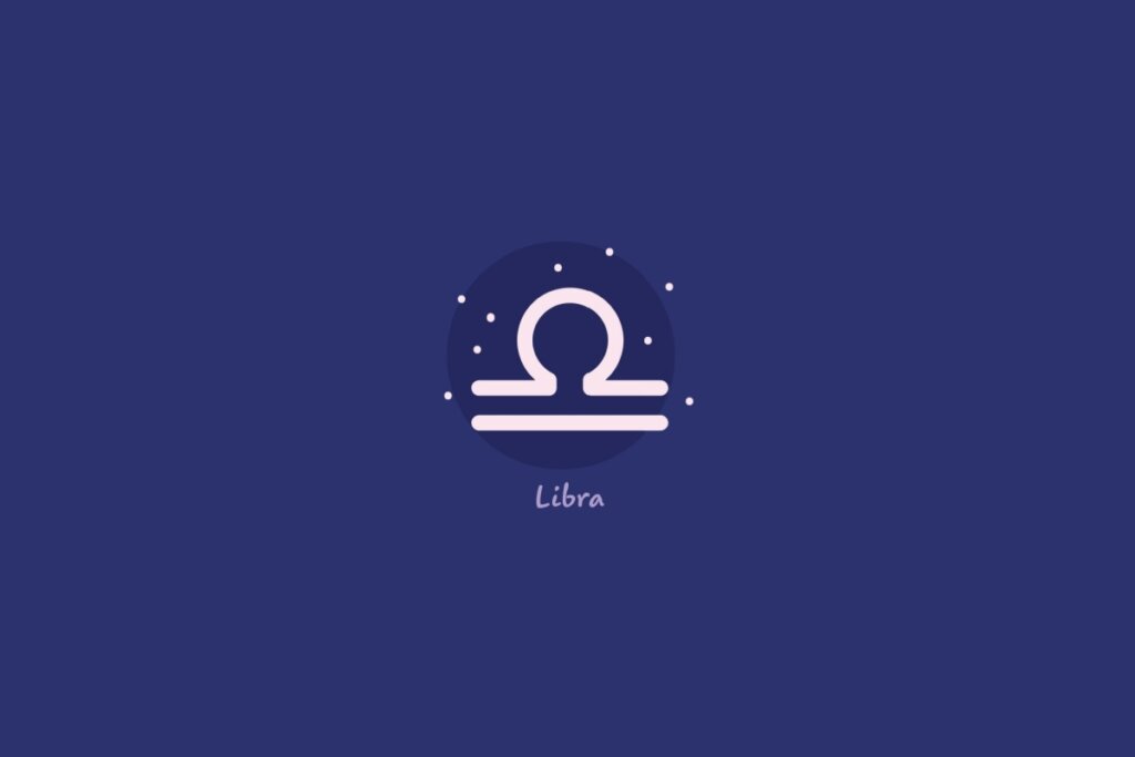 Ilustração do signo de libra em um círculo azul-escuro, rodeado por estrelas, com o nome do signo abaixo, sobre fundo azul