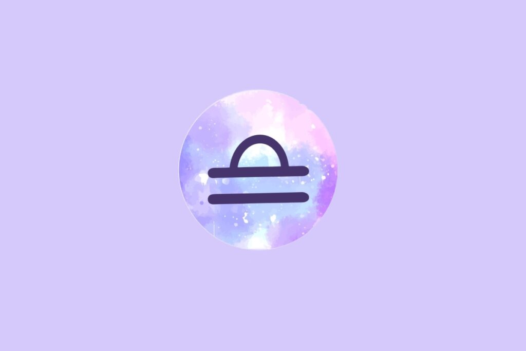 Imagem do signo de Libra, com um símbolo composto por uma linha reta e um semicírculo acima, sobre um fundo em tons suaves de roxo e azul