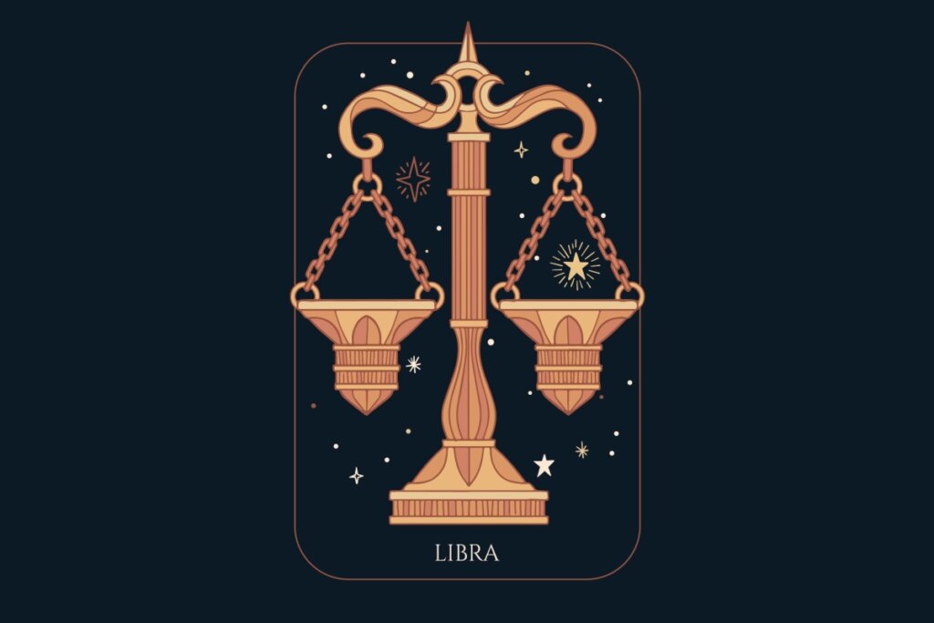 Ilustração do signo de Libra em um fundo azul