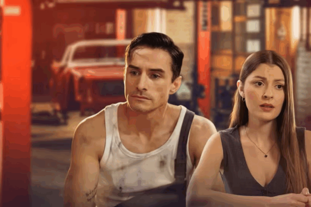 Homem com cabelo curto, usando regata branca suja de graxa e macacão jeans ao lado de mulher com o cabelo longo usando regata vinho com oficina mecânica ao fundo