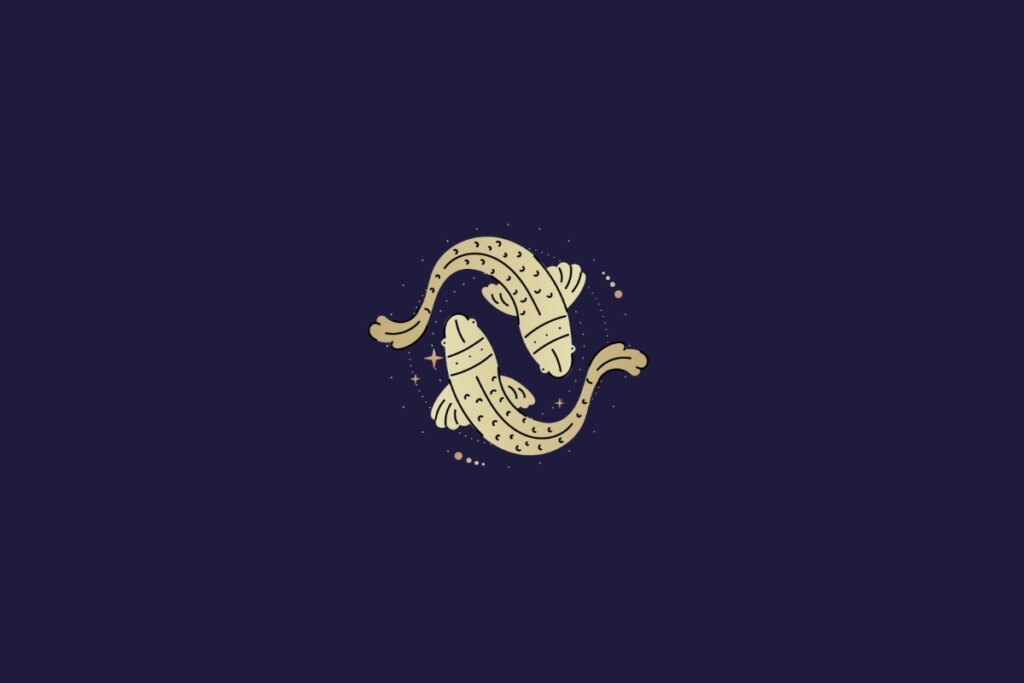 Ilustração dourada de dois peixes representando o signo de peixes sobre fundo azul-escuro