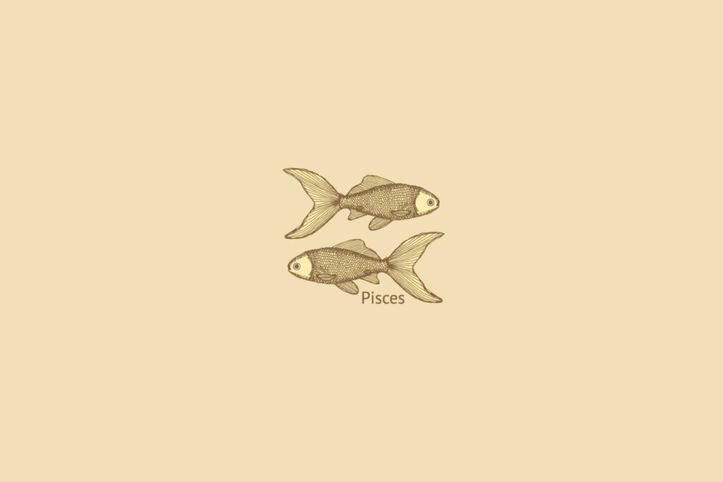 Ilustração do signo de peixes centralizado, com o nome do signo embaixo, em um fundo amarelo