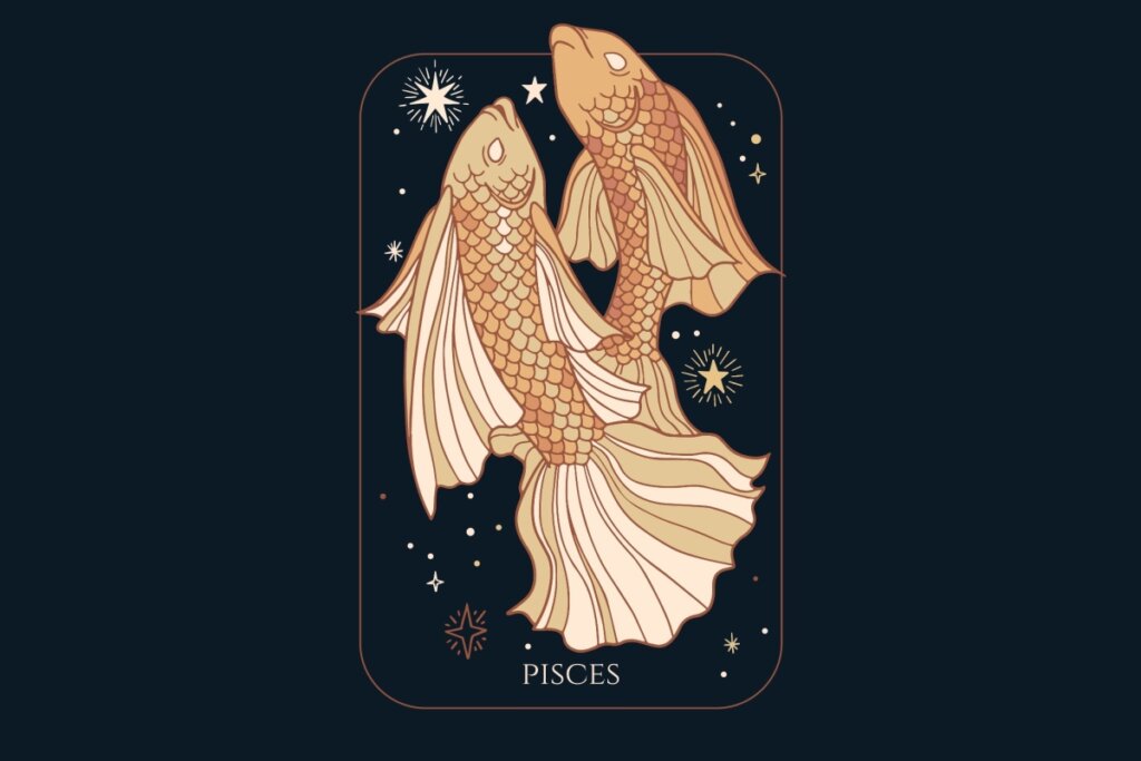 Ilustração do signo de Peixes em um fundo azul