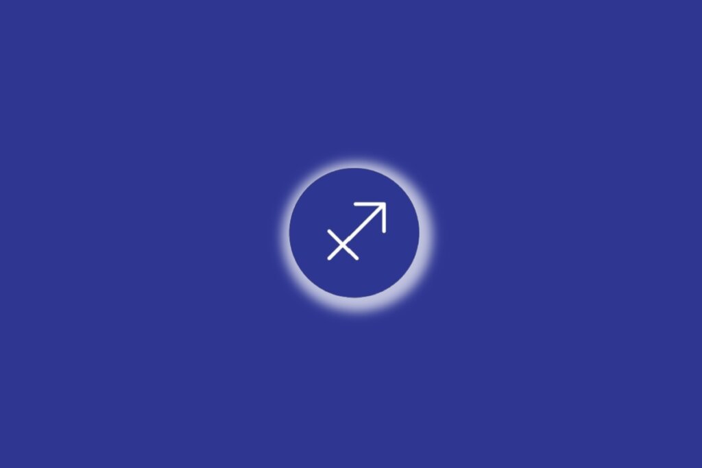 Ilustração do signo de sagitário em um círculo azul, com luz branca ao redor, sobre um fundo azul