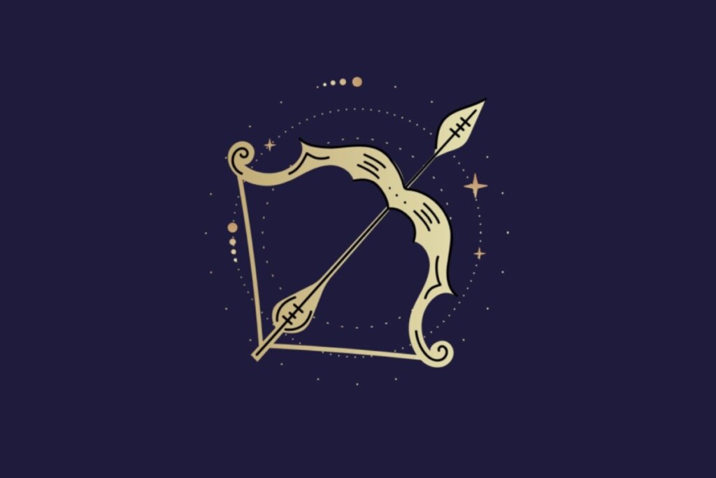 Ilustração dourada de arco e flecha representando o signo de sagitário sobre fundo azul-escuro