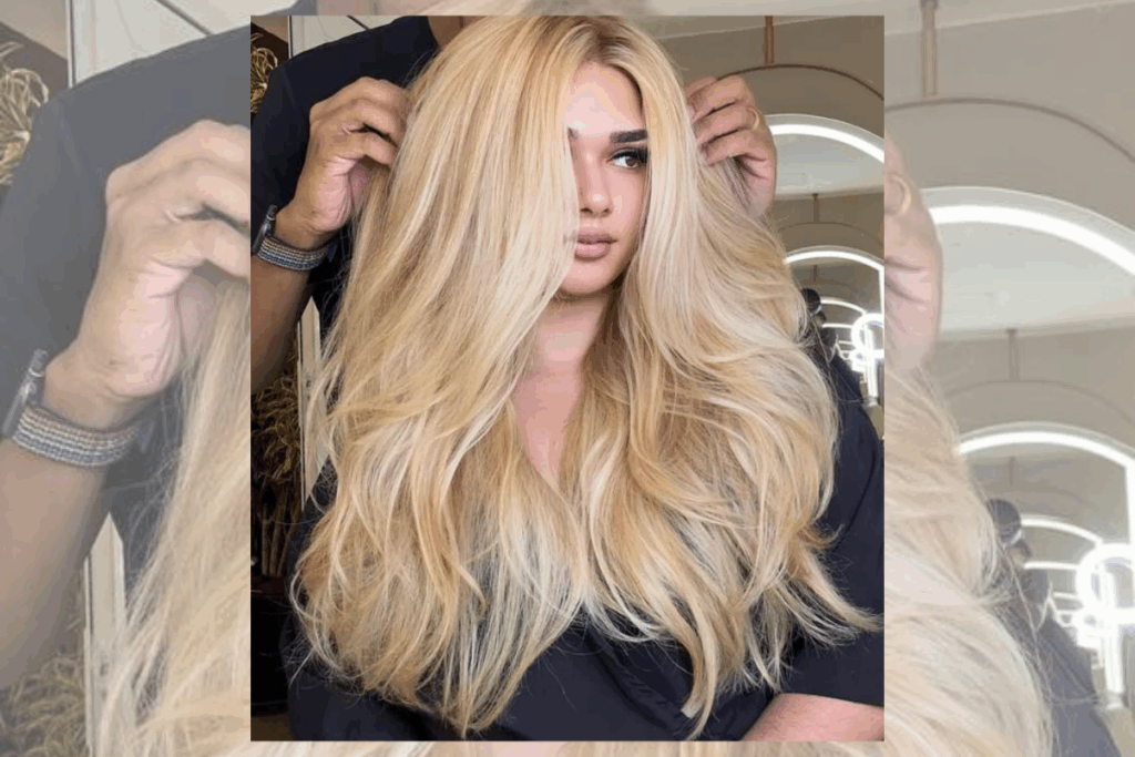 Mulher com cabelo liso loiro, usando blusa preta