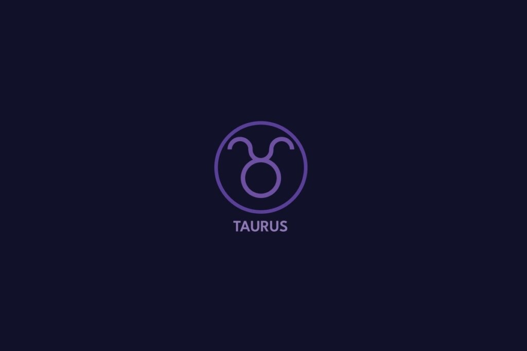 Ilustração do signo de touro na cor roxa, com círculo roxo ao redor e o nome do signo abaixo, sobre um fundo roxo