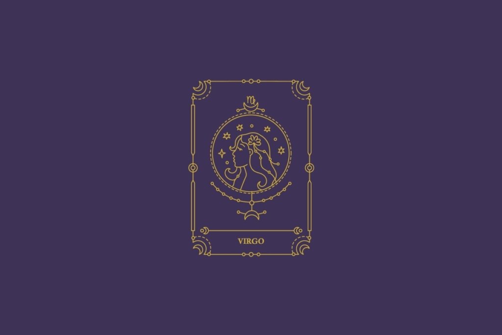 Ilustração do signo de virgem em dourado com detalhes na mesma cor ao redor. Fundo roxo-escuro