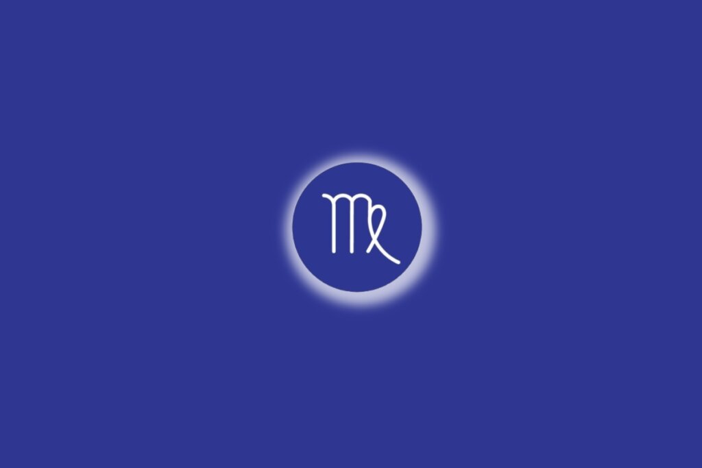 Ilustração do signo de Virgem em um círculo azul, com luz branca ao redor, sobre um fundo azul