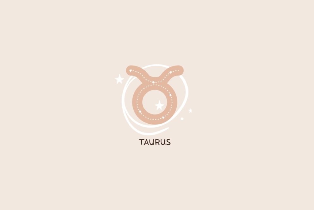 Ícone do signo de Touro representando um círculo com duas hastes superiores, traços pontilhados e detalhes de estrelas sobre um fundo rosa-claro
