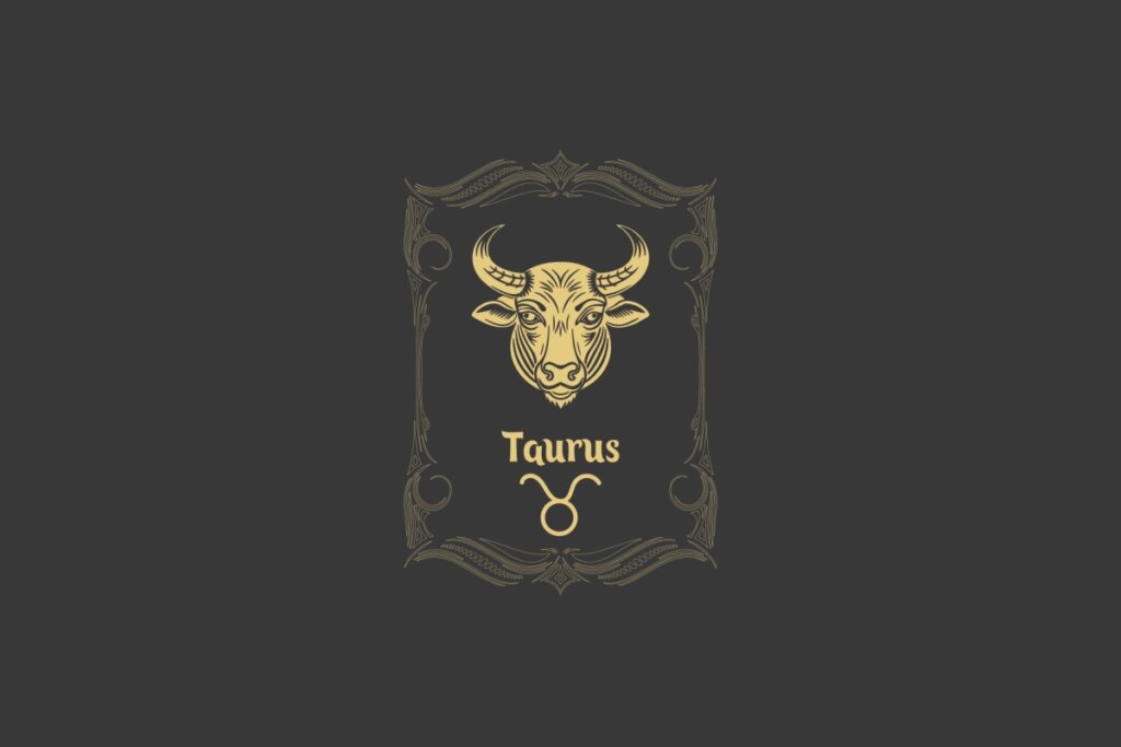 Ilustração do signo de Touro com a representação de um touro dourado, cercado por uma moldura decorativa em fundo cinza-escuro