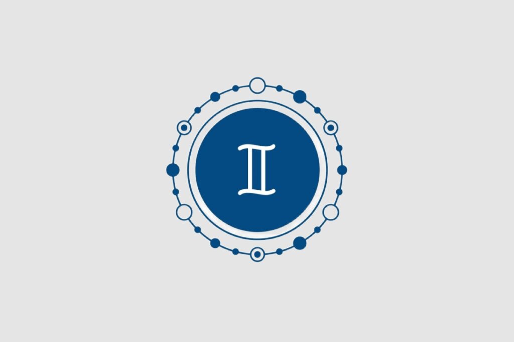 Ilustração do signo de Gêmeos, com duas barras verticais ligadas por traços horizontais, em branco, sobre um fundo azul-escuro enfeitado com pequenos círculos