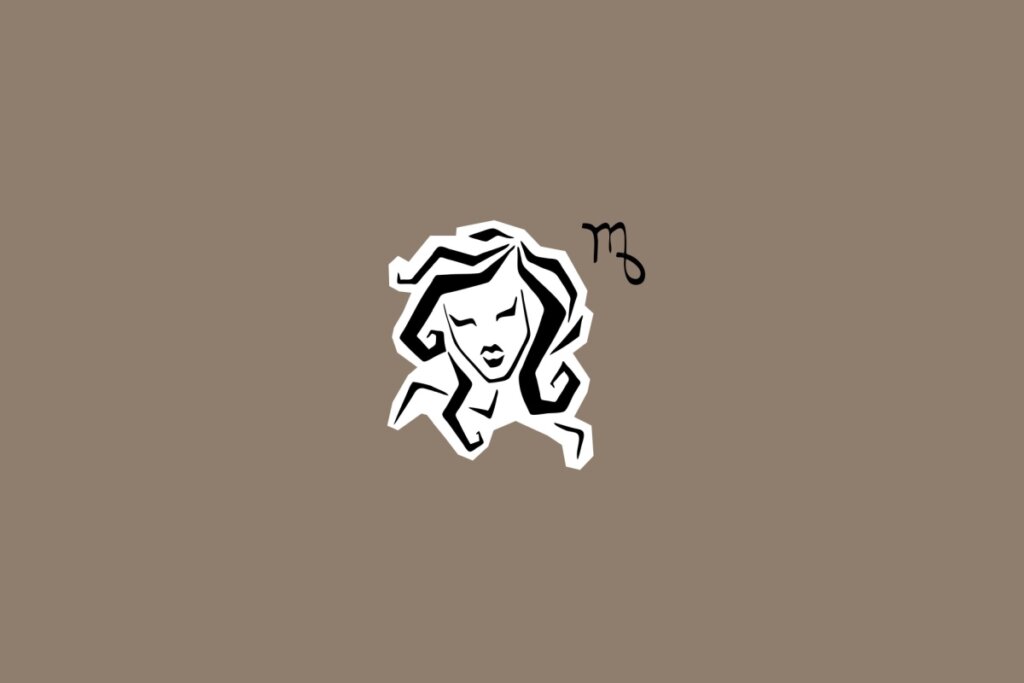 Ilustração do signo de Virgem com o rosto de uma mulher de cabelos ondulados, ao lado do símbolo do signo, em fundo marrom