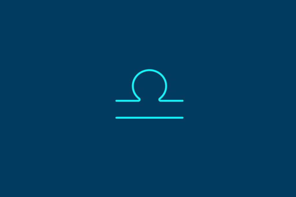Ilustração do signo de Libra, contendo um círculo sobre uma linha horizontal representando os pratos de uma balança, em fundo azul-escuro