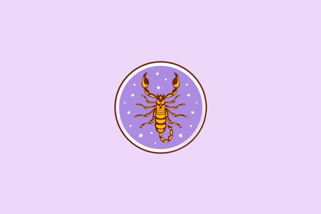 Ilustração do signo de Escorpião, mostrando um escorpião com cauda curvada em fundo lilás