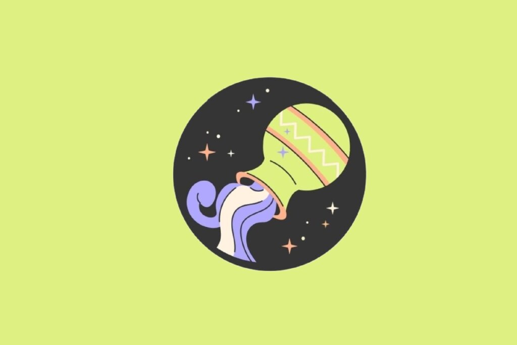 Ilustração circular com fundo preto de um vaso verde e laranja despejando água azul ondulada. Pequenas estrelas decoram o entorno. O fundo externo é verde-limão.