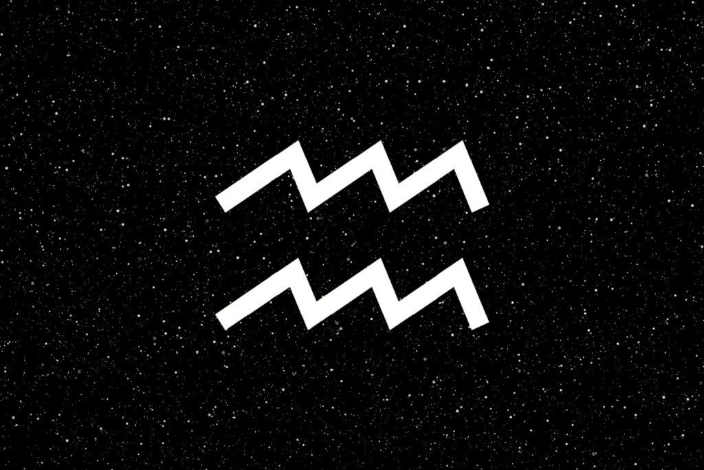 Símbolo de Aquário com textura de galáxia azul e efeito de vidro, formado por duas linhas em ziguezague paralelas, sobre um fundo de céu noturno azul-escuro profundo e estrelado.