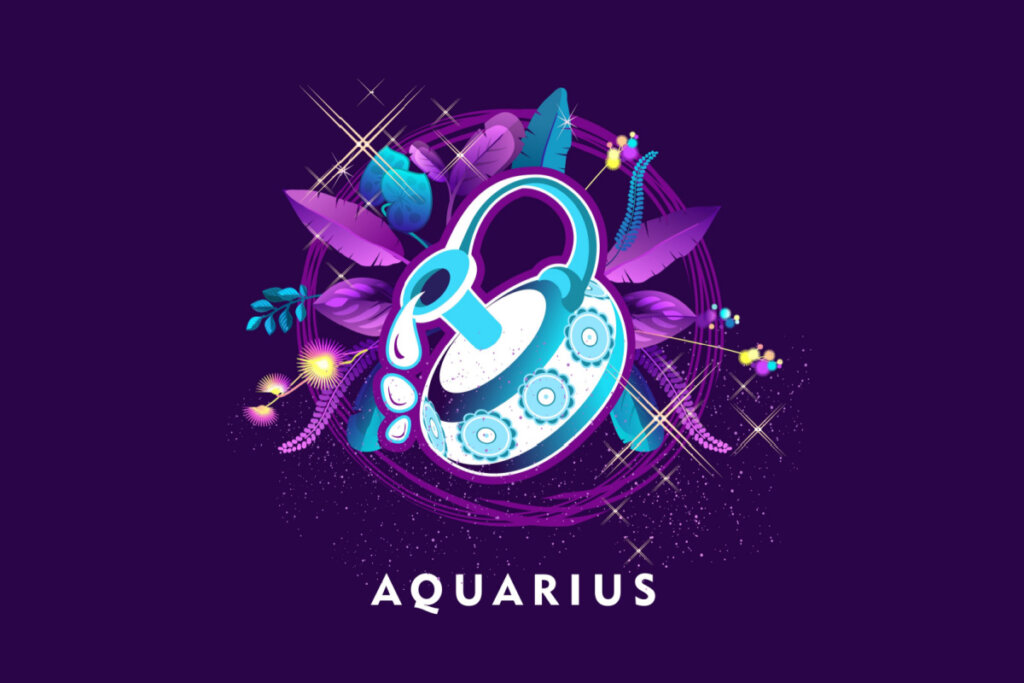 Símbolo do signo de Aquário em azul com detalhes em roxo em um fundo roxo