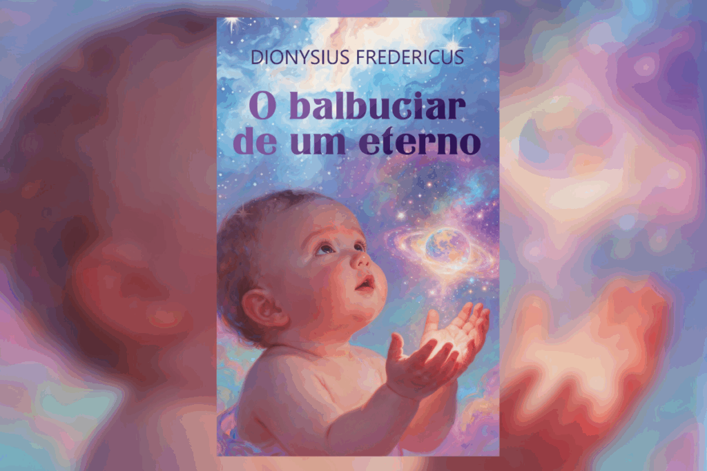 Capa do livro "O balbuciar de um eterno", com a ilustração de um bebê em frente ao espaço e olhando para um planeta