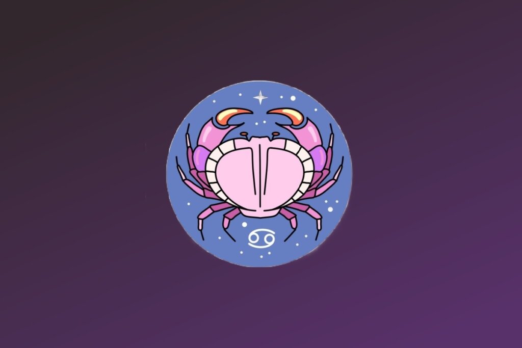 Ilustração do signo de Câncer. Um caranguejo estilizado em tons de rosa e roxo está centralizado no círculo azul. Ele possui grandes pinças levantadas e pernas finas detalhadas em preto e branco. O símbolo de Câncer está desenhado em branco no canto superior direito do círculo.