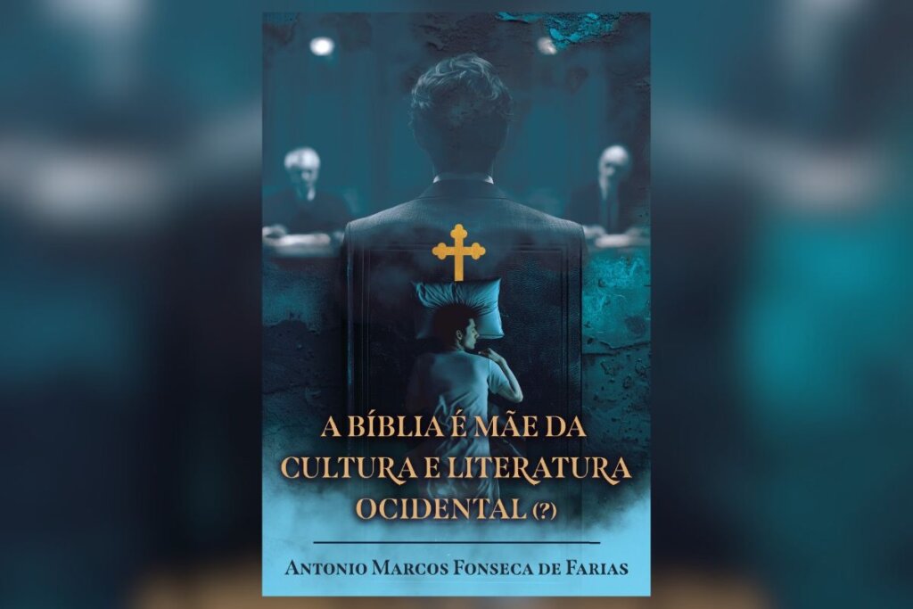 Capa do livro "A Bíblia é mãe da cultura e literatura ocidental", com a ilustração de um homem dormindo em uma cama e o nome do livro acima dele