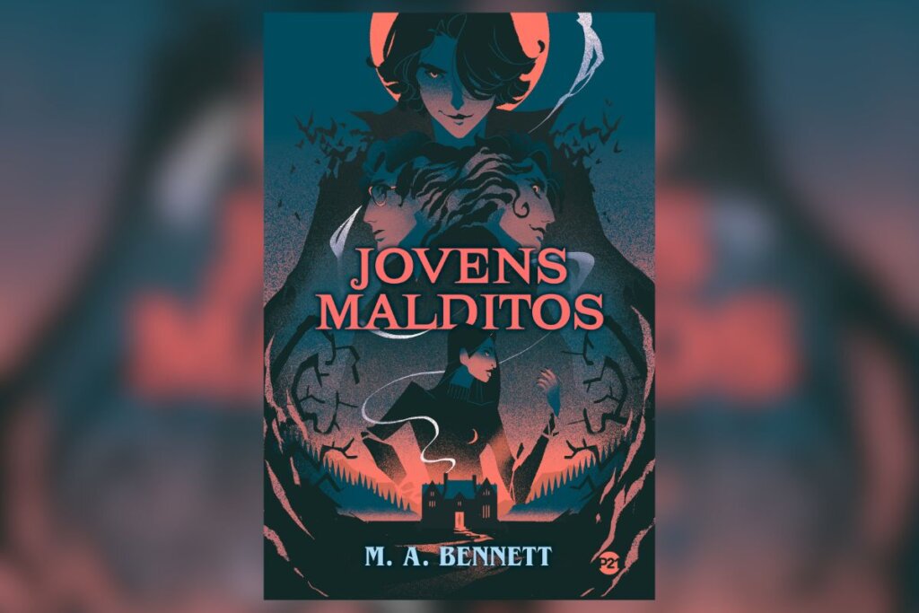 Capa do livro "Jovens Malditos", com a ilustração de uma casa na parte inferior e dois jovens acima, sobre fundo cinza e laranja