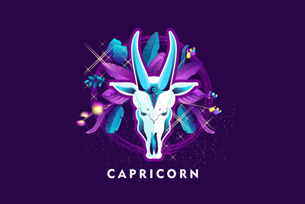 Símbolo do signo de Capricórnio em azul com detalhes em roxo em um fundo roxo