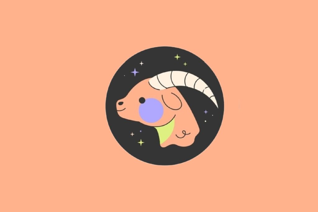 Ilustração circular com fundo preto do rosto de uma cabra estilizada de perfil, com um chifre listrado e bochecha roxa. O fundo externo é laranja suave.