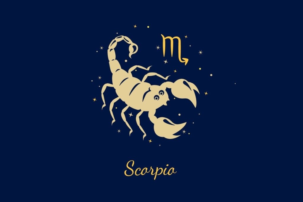 Um fundo azul-marinho escuro com ilustração detalhada de um escorpião com a cauda erguida e o ferrão pronto. À direita, o glifo de Escorpião (letra 'm' com rabo de seta). Abaixo, o texto "Scorpio".