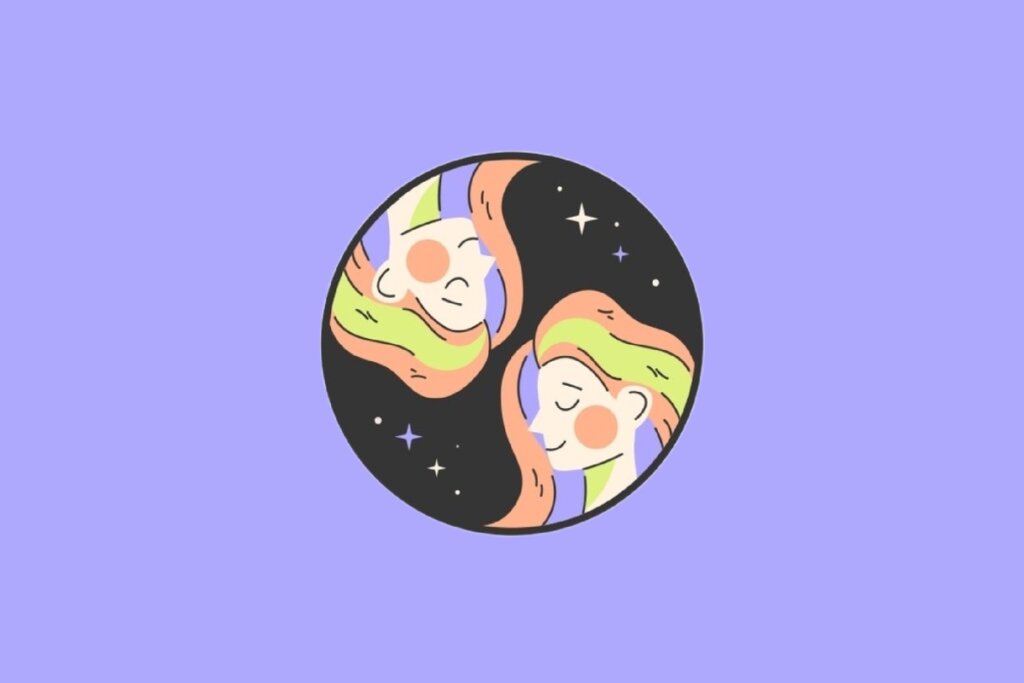 Ilustração circular com fundo preto mostrando dois rostos femininos idênticos e espelhados (um de cabeça para baixo). Elas possuem cabelos longos com mechas em laranja e verde, bochechas rosadas e estão cercadas por pequenas estrelas. O fundo externo é lilás.