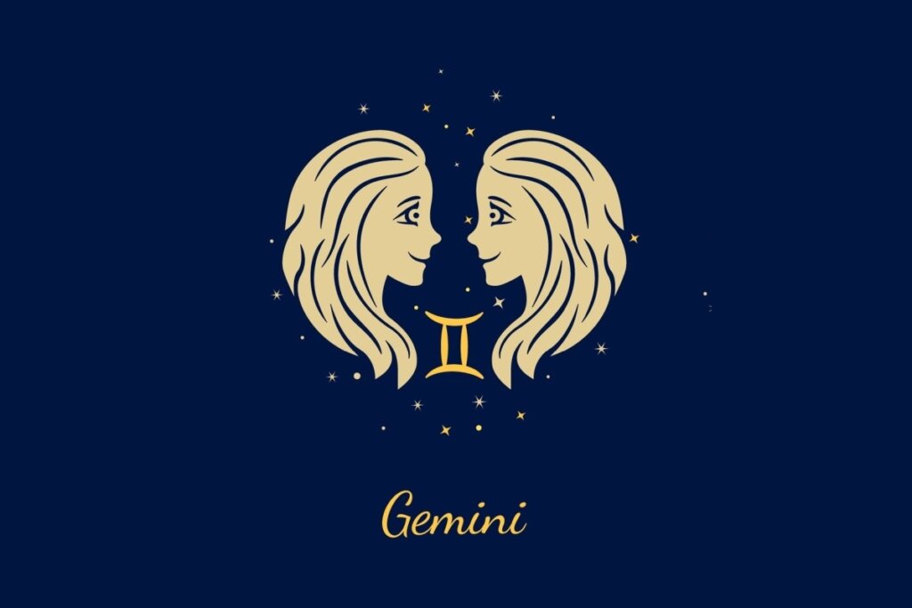 Um fundo azul-marinho escuro com ilustração de dois perfis femininos idênticos (gêmeas) virados um para o outro. Entre elas, o glifo de Gêmeos (duas colunas paralelas). Abaixo, o texto "Gemini".