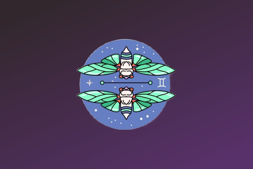 Ilustração do signo de Gêmeos. Mostra duas faces idênticas de perfil, uma voltada para a esquerda e outra para a direita, unidas pela parte de trás da cabeça. Elas possuem cabelos volumosos em tons de verde-água e detalhes roxos nos olhos. O símbolo de Gêmeos aparece em branco no centro inferior da imagem.