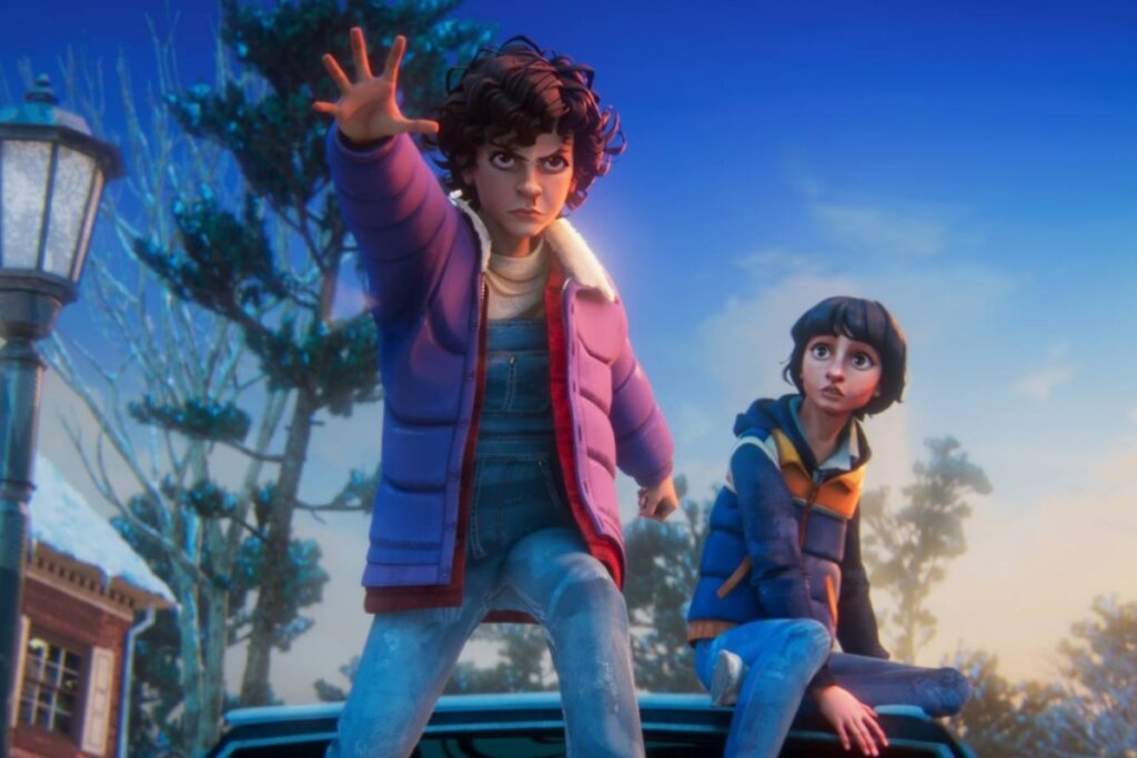 Cena de animação 3D estilizada. Em primeiro plano e ligeiramente à esquerda, um personagem jovem (semelhante a Eleven), vestindo uma jaqueta puffer roxa e macacão jeans, está em pé sobre o teto de um carro. Ela está com o braço direito estendido para a frente, com a palma da mão aberta, focada em usar um poder. Atrás dela, sentado no carro, está outro personagem jovem (semelhante a Mike), com jaqueta azul e laranja, olhando para ela com expressão de preocupação e surpresa. O fundo é uma rua residencial coberta de neve ao anoitecer, com uma luminária de rua antiga e árvores escuras contra um céu azul-crepúsculo.