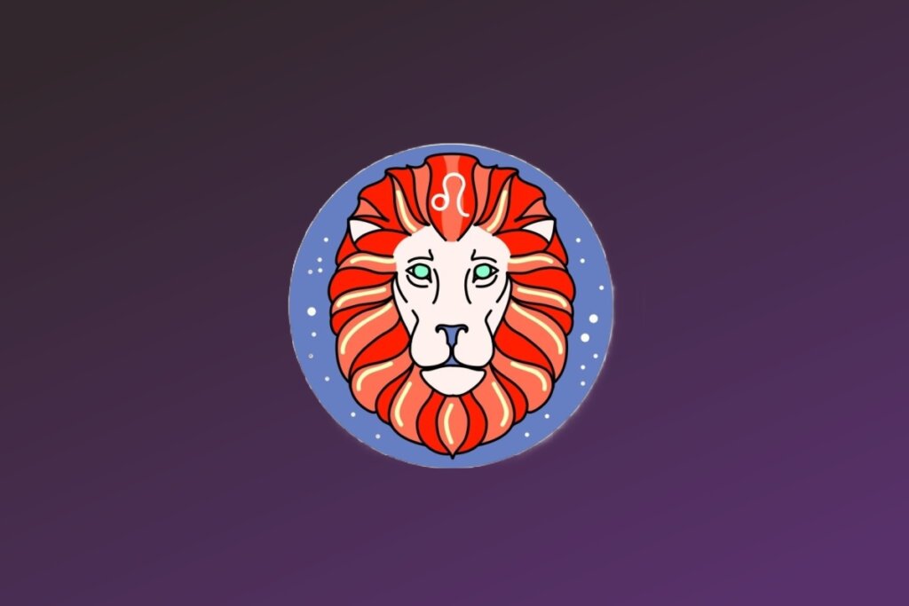 Ilustração do signo de Leão. Retrata a cabeça de um leão de frente com uma juba volumosa e estilizada em tons de verde-água. A face do leão é branca com detalhes em coral e preto. O símbolo de Leão aparece em branco posicionado à direita da juba.
