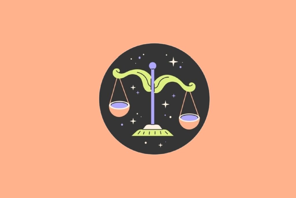 Ilustração circular com fundo preto de uma balança equilibrada com pratos laranjas e detalhes em verde. O fundo externo é laranja suave.