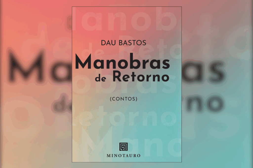 Capa do livro " Manobras de retorno", com o nome centralizado em um fundo verde, amarelo e laranja 