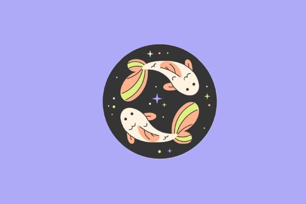 Ilustração circular com fundo preto mostrando dois peixes koi estilizados em tons de creme, laranja e verde, nadando em direções opostas sob estrelas. O fundo externo é lilás.