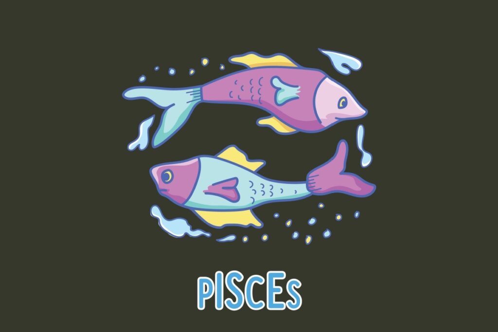 Ilustração estilizada do signo de Peixes sobre fundo escuro. Dois peixes coloridos nadam em sentidos opostos, formando um círculo. O peixe superior é lilás com detalhes em rosa e nadadeiras azuis e amarelas; o inferior é azul claro com cabeça lilás e nadadeiras amarelas e rosas. Pequenas bolhas e respingos de água azuis e amarelos circundam os animais. Abaixo, a palavra "PISCES" em letras azuis com contorno branco.