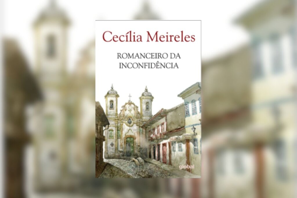 Capa do livro "Romanceiro da inconfidência", com a ilustração de uma cidade colonial com o nome do livro e da autora acima 