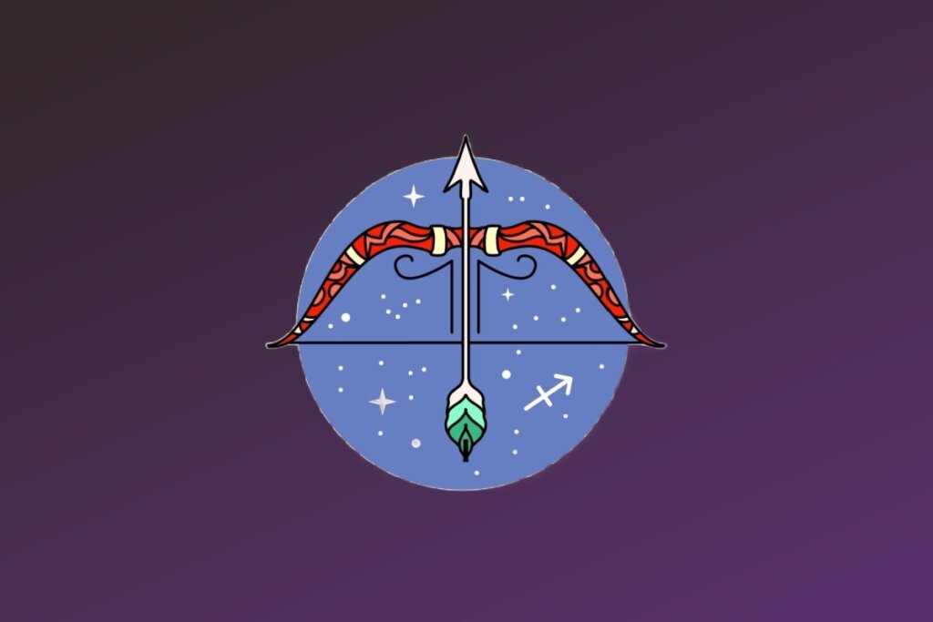 Ilustração do signo de Sagitário. Apresenta um arco curvado com detalhes em vermelho e padrões orgânicos pretos, atravessado verticalmente por uma flecha branca apontada para cima. A base da flecha possui penas em tons de verde. O símbolo de Sagitário está posicionado em branco no canto inferior direito, dentro do círculo azul.