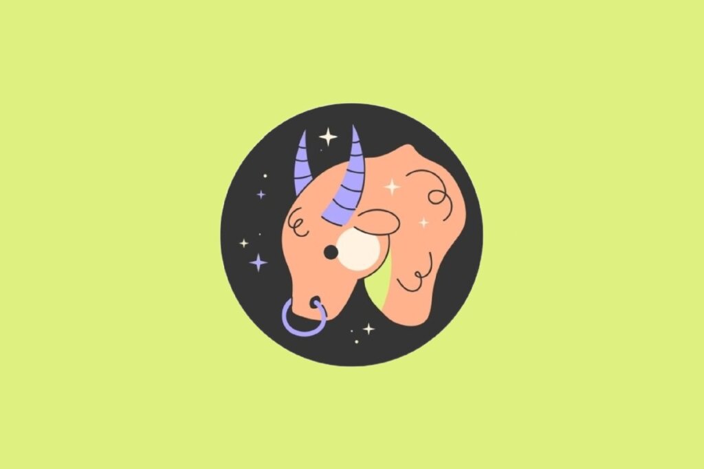 Ilustração circular com fundo preto da cabeça de um touro de perfil, com chifres roxos listrados e um piercing no nariz. O fundo externo é verde-limão.