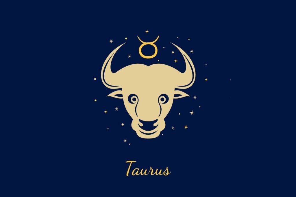 Um fundo azul-marinho escuro com ilustração estilizada da cabeça de um touro com chifres proeminentes. Acima dele, o glifo de Touro (um círculo com chifres). Abaixo, o texto "Taurus".