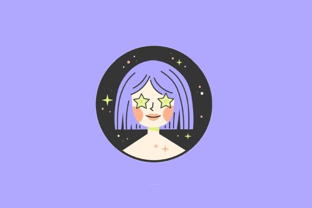 Ilustração circular com fundo preto do rosto de uma menina com cabelo roxo curto e estrelas verdes no lugar dos olhos. O fundo externo é lilás.