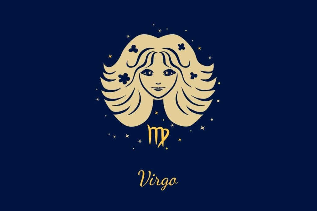 Um fundo azul-marinho escuro com ilustração do rosto de uma mulher jovem com cabelos longos e volumosos adornados por pequenas flores. Abaixo, o glifo de Virgem (letra 'm' com um laço). Abaixo, o texto "Virgo".