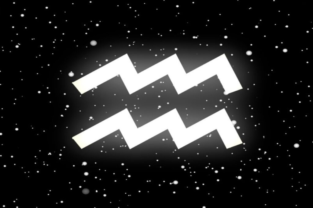 Ilustração branca do símbolo do signo de aquário sobre fundo preto com estrelas brancas