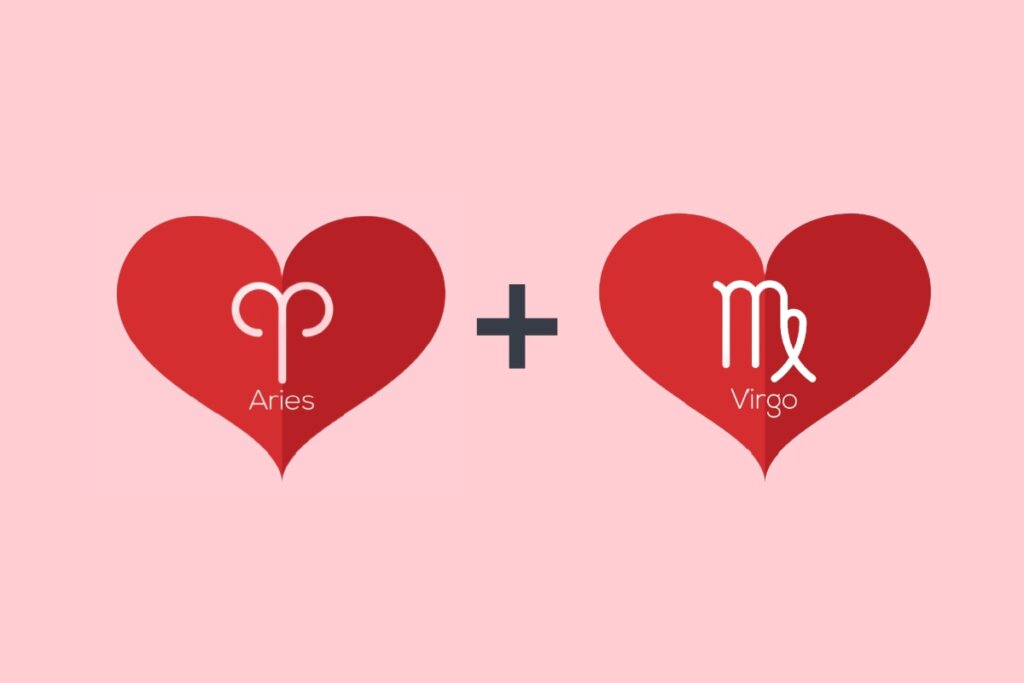 dois corações vermelhos com os símbolos de Áries e Virgem no centro, separados por um sinal de adição, sobre um fundo rosa