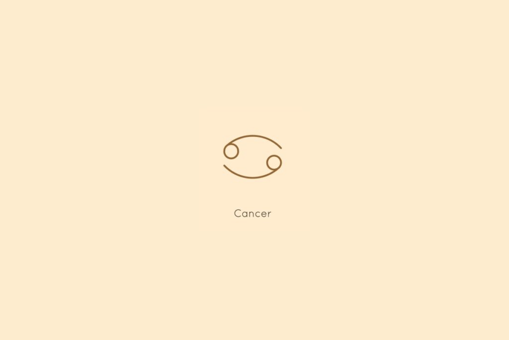 Ilustração do signo de câncer, centralizado em um fundo amarelo, com o nome do signo abaixo